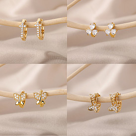 Unique Butterfly Zircon Earrings with Cross Hoops and Heart-shaped Charms - 18k Gold Plated Women's Ear Jewelry