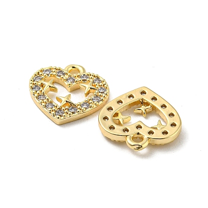 Brass Micro Pave Clear Cubic Zirconia Charms, Heart with Star
