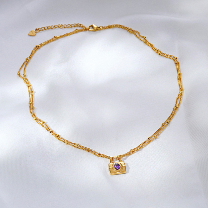 Двухслойные ожерелья с подвеской из нержавеющей стали и фиолетового стекла для женщин