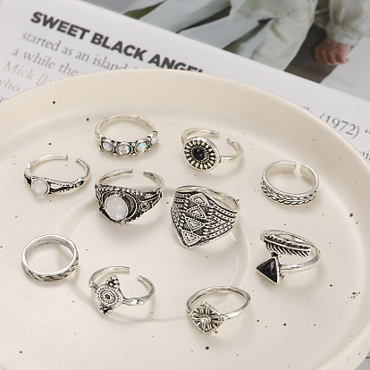 Boho Chic Ethnic Arrowhead Ring Set with Bold Gemstones, Feathers and Tribal Carvings - 10 Piece Alloy Collection