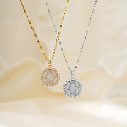 Изысканные латунные микропаве прозрачные кубические цирконии плоские круглые с хамсой подвески на руку ожерелья, белой эмалью