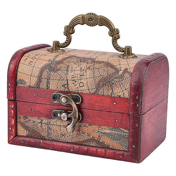Vintage Wooden Jewelry Boxes, PU Leather Decorative Treasure Chest Boxes, with Carry Handle and Latch, Rectangle with Map