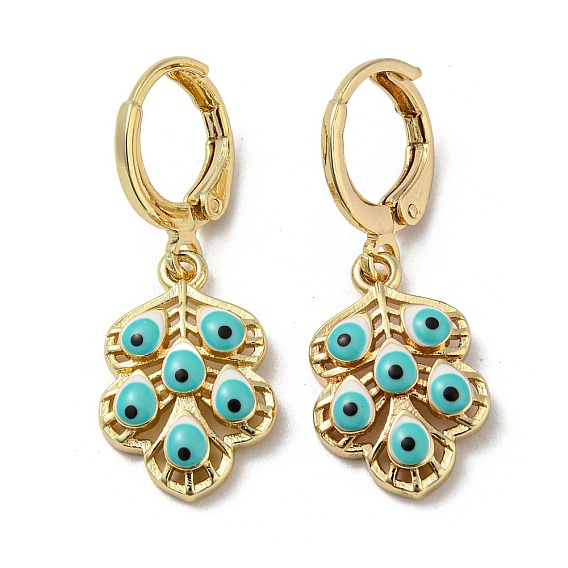 Real 18K Gold Plated Brass Dangle Leverback Earrings, with Enamel, Leaf with Evil Eye