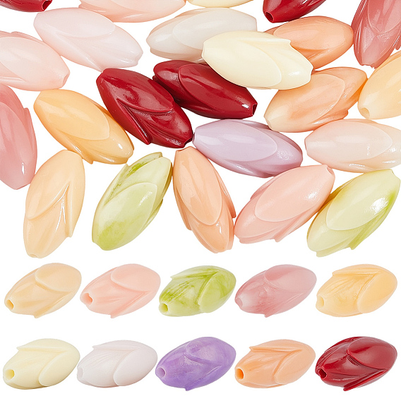 40 pièces de corail synthétique teint et perles de résine, forme de bouton de fleur