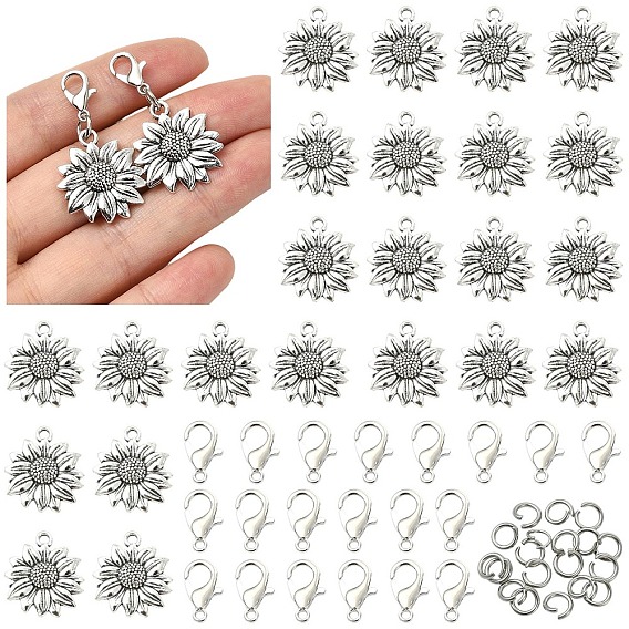 DIY Keychain Makings, Alloy Pendants, 304 Stainless Steel Jump Rings, Zinc Alloy Lobster Claw Clasps, Sunflower