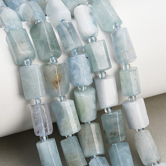 Natural Aquamarine Beads Strands, Column, Faceted, with Seed Beads