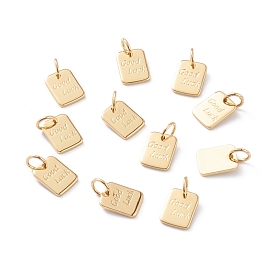 Brass Charms, with Jump Rings, Long-Lasting Plated, Rectangle with Word Good Luck