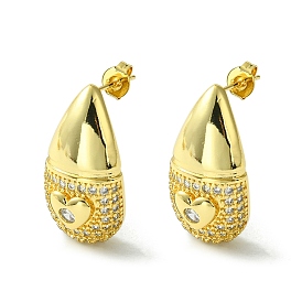 Brass with Cubic Zirconia Studs Earrings, Teardrop with Heart