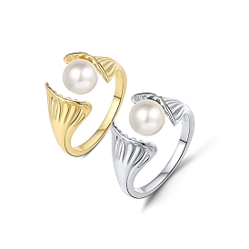 Brass Open Cuff Rings for Women, with Resin Pearl, Sehll