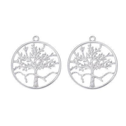 Alloy Big Pendants, Matte Style, Flat Round with Tree of Life, 925 Sterling Silver Plated