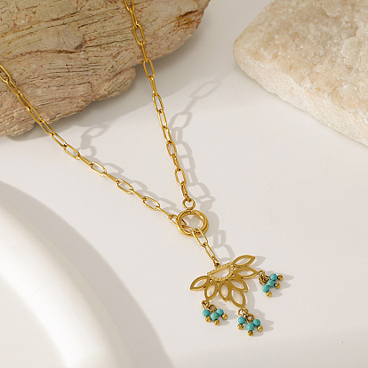 Style bohème 304 Colliers sautoirs en acier inoxydable en forme de fleur de lotus avec pompon en turquoise synthétique