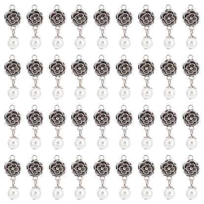 Круглые подвески из абс-пластика с имитацией жемчуга и фурнитура в тибетском стиле, роза, античное серебро