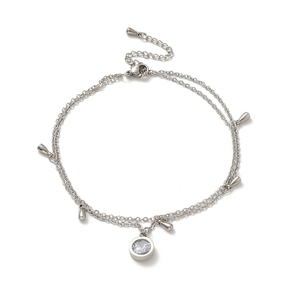 304 тросовые цепи из нержавеющей стали с многожильным ножным браслетом, кубический цирконий и 201 двухслойный браслет из нержавеющей стали в форме слезы для женщин