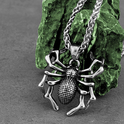 304 Stainless Steel Halloween Spider Pendant Necklaces for Unisex