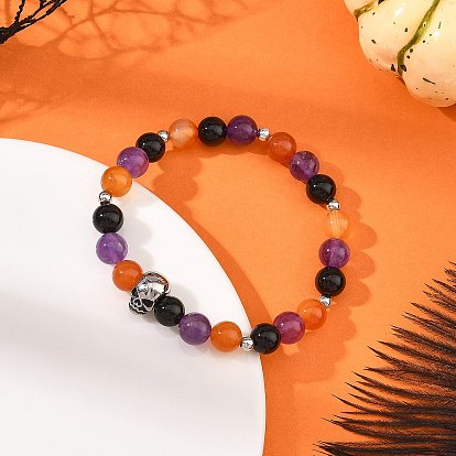 Pulseras elásticas redondas de cuentas de ónix negro natural (teñido y tratado térmicamente), amatista y cornalina para Halloween, para mujer., con 316 cuentas de calavera de acero inoxidable quirúrgico, plata antigua