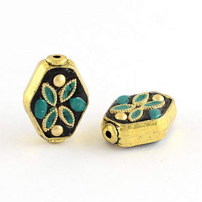Rhombus Handmade Indonesia Beads, with Alloy Cores, 20x15x7mm, Hole: 1mm