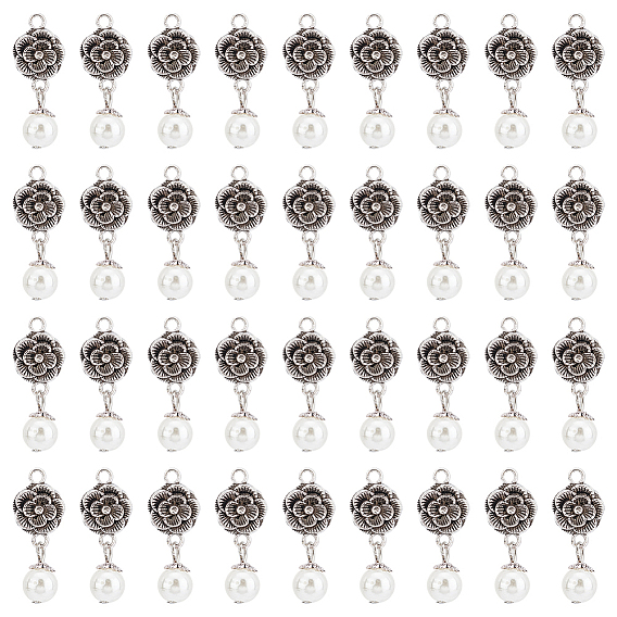 Круглые подвески из абс-пластика с имитацией жемчуга и фурнитура в тибетском стиле, роза, античное серебро