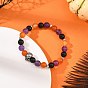 Halloween Natural Black Onyx(Dyed & Heated) & Amethyst & Carnelian Round Beaded Stretch Bracelets for Women, with 316 Surgical Stainless Steel Skull Beads, Antique Silver