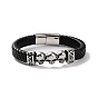 Men's Braided Black PU Leather Cord Bracelets, Halloween 3 Skull 304 Stainless Steel Link Bracelets with Magnetic Clasps