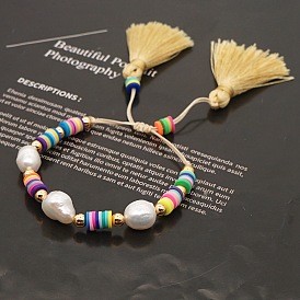 Bohemian Beach Style Natural Pearl and Clay Beaded Tassel Bracelet for Women