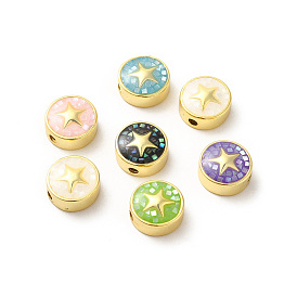 Rack Plating Brass Enamel Beads, with Shell Chips, Long-lasting Plated, Cadmium Free & Lead Free, Flat Round with Star, Golden