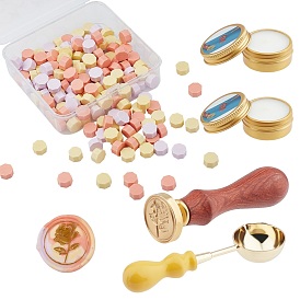 CRASPIRE 185Pcs DIY Stamp Making Kits, Including 3 Colors Sealing Wax Particles, Paraffin Candles, Brass Spoon, Beech Wood Handle