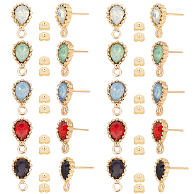 20шт 5 цвет сплава серьги гвоздики фурнитура, со стразами из смолы и горизонтальными петлями, слеза, с 100 шт 304 ушными гайками из нержавеющей стали, золотые