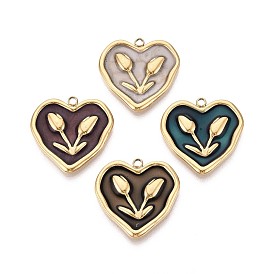 304 подвески из нержавеющей стали и эмали, сердце с цветочными подвесками, ионное покрытие (ip), реальный 18 k позолоченный