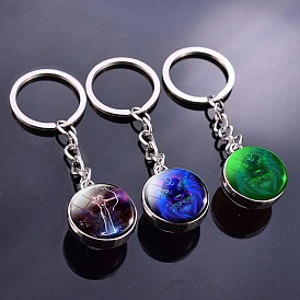 Luminous Glass Keychain Clasps, Glow in the Dark Constellation with Alloy Keychin Rings