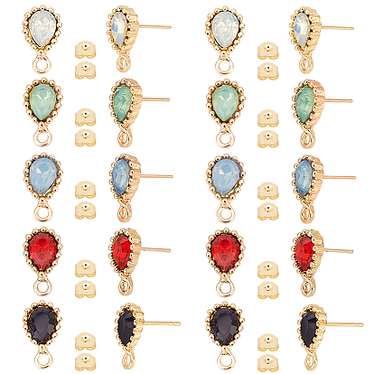 20шт 5 цвет сплава серьги гвоздики фурнитура, со стразами из смолы и горизонтальными петлями, слеза, с 100 шт 304 ушными гайками из нержавеющей стали, золотые