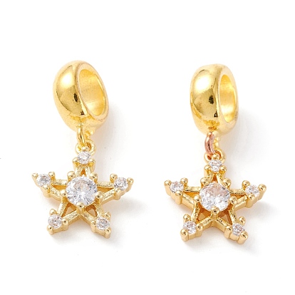 Brass Cubic Zirconia European Dangle Charms, Largr Hole Pendants, Long-Lasting Plated, Real 18K Gold Plated, Star