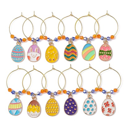 Easter Egg Alloy Enamel Wine Glass Charms, with Glass Bead and Brass Wine Glass Charm Rings