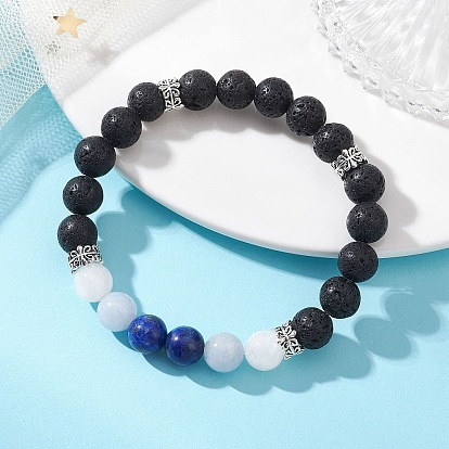 Женские браслеты из бусин натуральной лавы, радужного лунного камня, селенита и лазурита, круглые