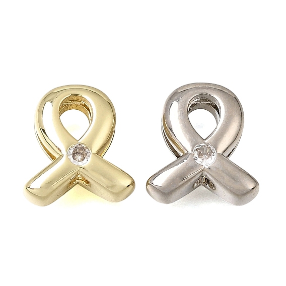 Brass Micro Pave Clear Cubic Zirconia Beads, Ribbon, Cadmium Free & Lead Free, Rack Plating, Long-Lasting Plated