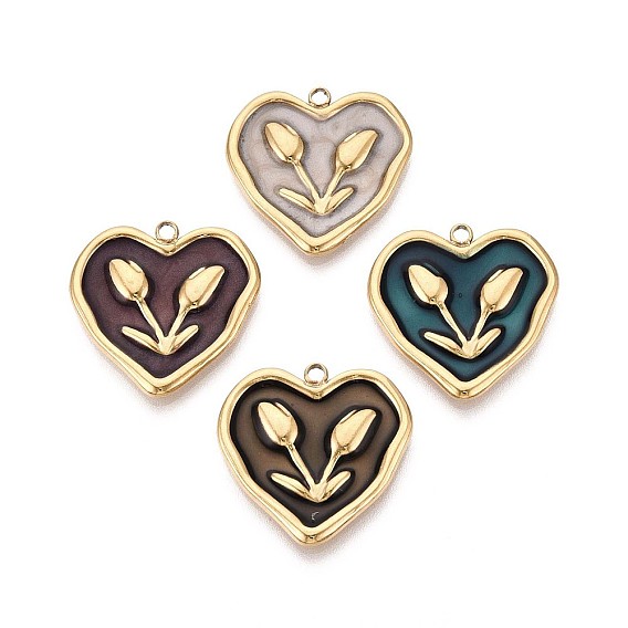 304 подвески из нержавеющей стали и эмали, сердце с цветочными подвесками, ионное покрытие (ip), реальный 18 k позолоченный