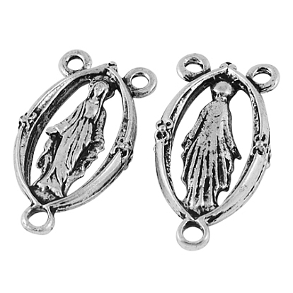 Holy Oval Carved Virgin Mary Tibetan Style Alloy Chandelier Component Links, 3 Loop Connectors, Rosary Center Pieces, Cadmium Free & Lead Free, 25x13x3mm, Hole: 2mm