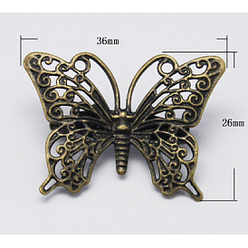 Латуни броши, с пин железа, бабочка, 36x26 мм
