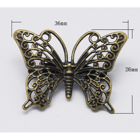 Латуни броши, с пин железа, бабочка, 36x26 мм