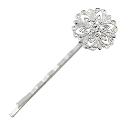Iron Hair Bobby Pin Findings, with Brass Flower Tray, Tray: 21x21mm, 63x21mm