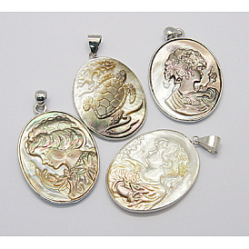 Black-Lip Shell Pendants, Single Side, with Brass Findings, 30~32x43~47x2~4mm, Hole: 4~7x3~5mm
