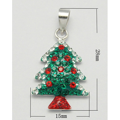 Подвески серебро, со стразами и эмалью, рождественская елка, 28x15x3.5 мм, отверстие : 3.5 мм