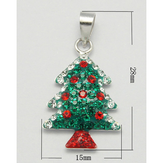 Подвески серебро, со стразами и эмалью, рождественская елка, 28x15x3.5 мм, отверстие : 3.5 мм