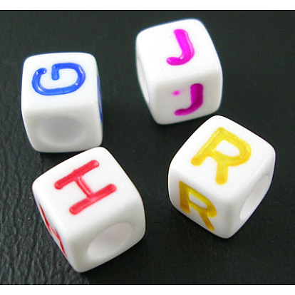 Perles acryliques opaques, mélange de lettres, 26 lettres mélangées, cube, 6x6x6mm, Trou: 3.2mm