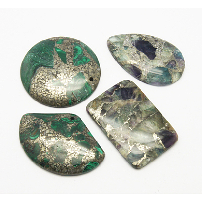 Natural Malachite Pendants, with Gold Line, Mixed Shape, 30~39x34~47x5~7mm, Hole: 1.5mm