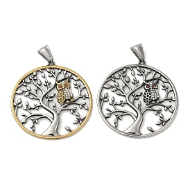 304 Stainless Steel Rhinestone Pendants, Flat Round with Tree of Life & Owl Charm