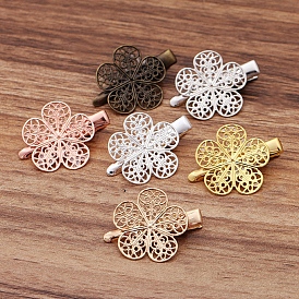 Iron Alligator Hair Clip Findings, with Brass Filigree Flower Cabochon Bezel Settings