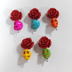 5Pcs 5 Colors Synthetic Coral & Turquoise Dyed Flower Skull Connector Charms, with Stainless Steel Color Tone 304 Stainless Steel Double Loops