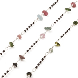 Chaînes de perles de copeaux de pierres précieuses naturelles mélangées, avec les accessoires en laiton, non soudée, avec bobine