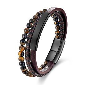 Round Natural Tiger Eye Braided Imitation Leather Multi-Strand Bracelets with Black 316L Stainless Steel Magnetic Clasps for Men