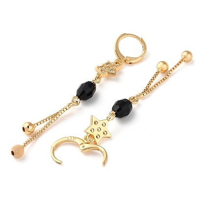 Rhinestone Star Leverback Earrings with Glass Beaded, Brass Chains Tassel Earrings for Women